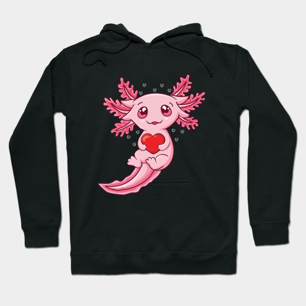 Kawai Axolotl with Heart Cute Axolotl Lovers Valentines Day Hoodie by UNXart